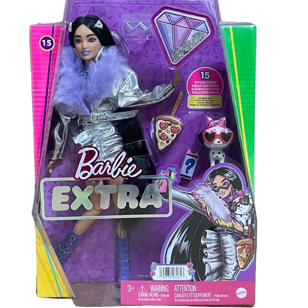 Barbie Extra Fashion Doll #15 Very Long Black Straight Hair & Dalmatian Pup NEW!